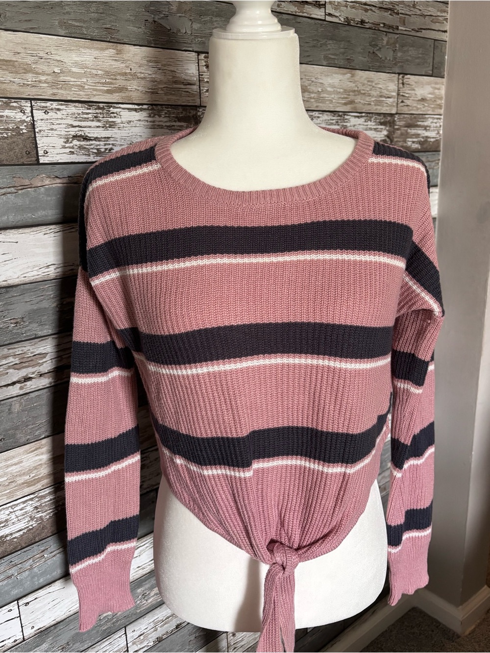 Pink Rose Knit Semi Cropped Striped Tie Front Pink/Navy Womens Size S